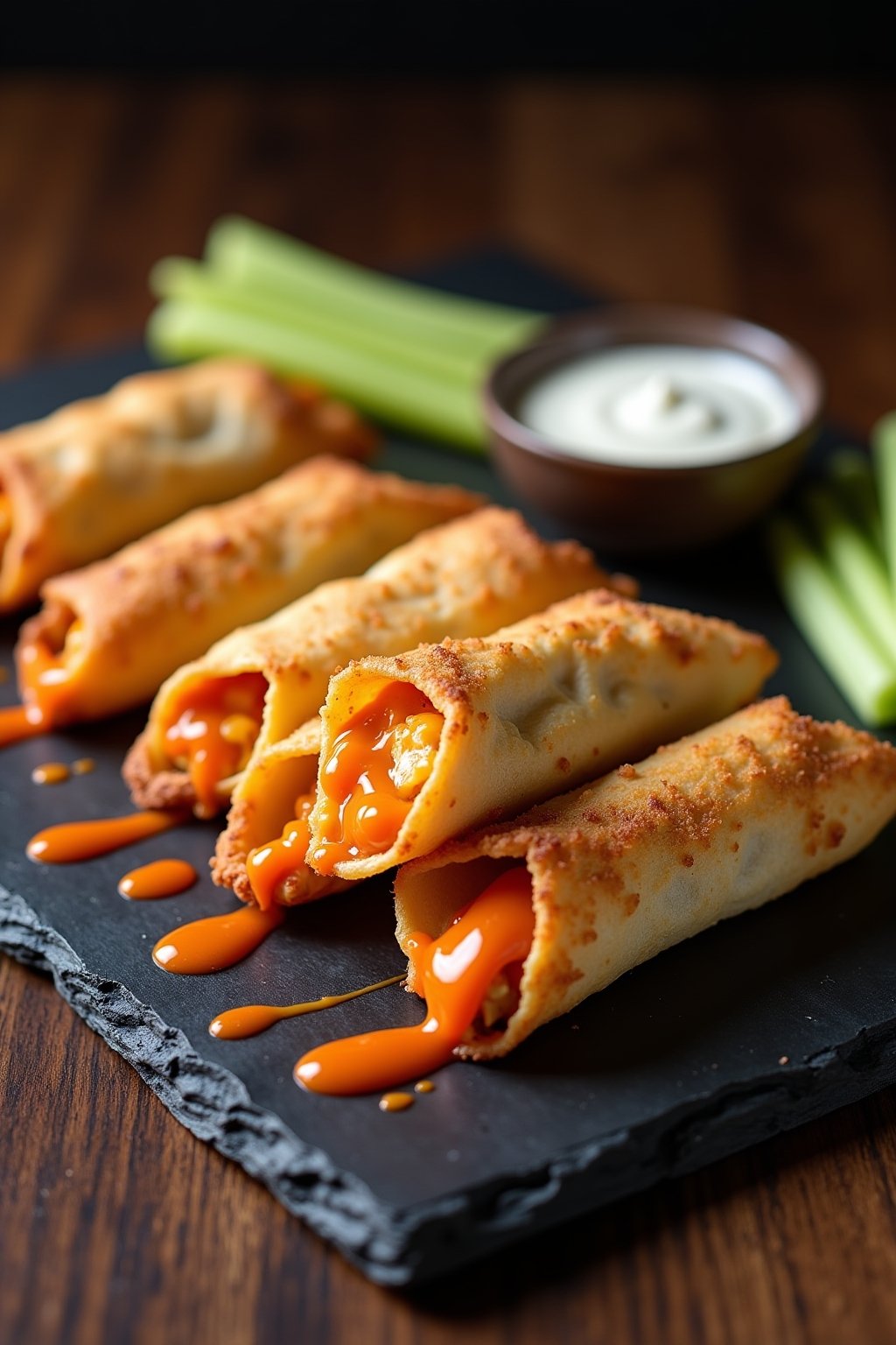 A plate of golden crispy air fryer buffalo chicken taquitos arranged in a row on a dark slate plate, perfectly golden and crunchy exterior, one taquito broken open showing spicy buffalo chicken cre...