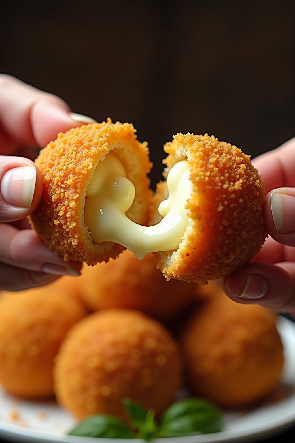 Close-up of two air fryer cheese balls being pulled apart by hand showing an extreme stretchy mozzarella cheese pull between them, golden crispy breadcrumb coating visible, other cheese balls piled...