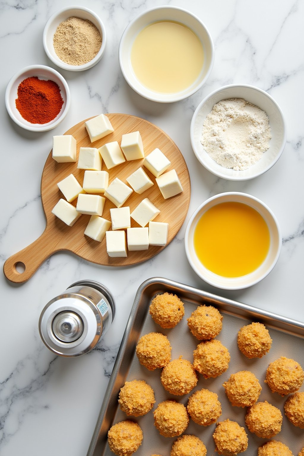 Overhead flat lay of cheese ball breading station: a block of mozzarella cut into cubes on a cutting board, three shallow bowls with flour, beaten eggs, and breadcrumb mixture, garlic powder and pa...