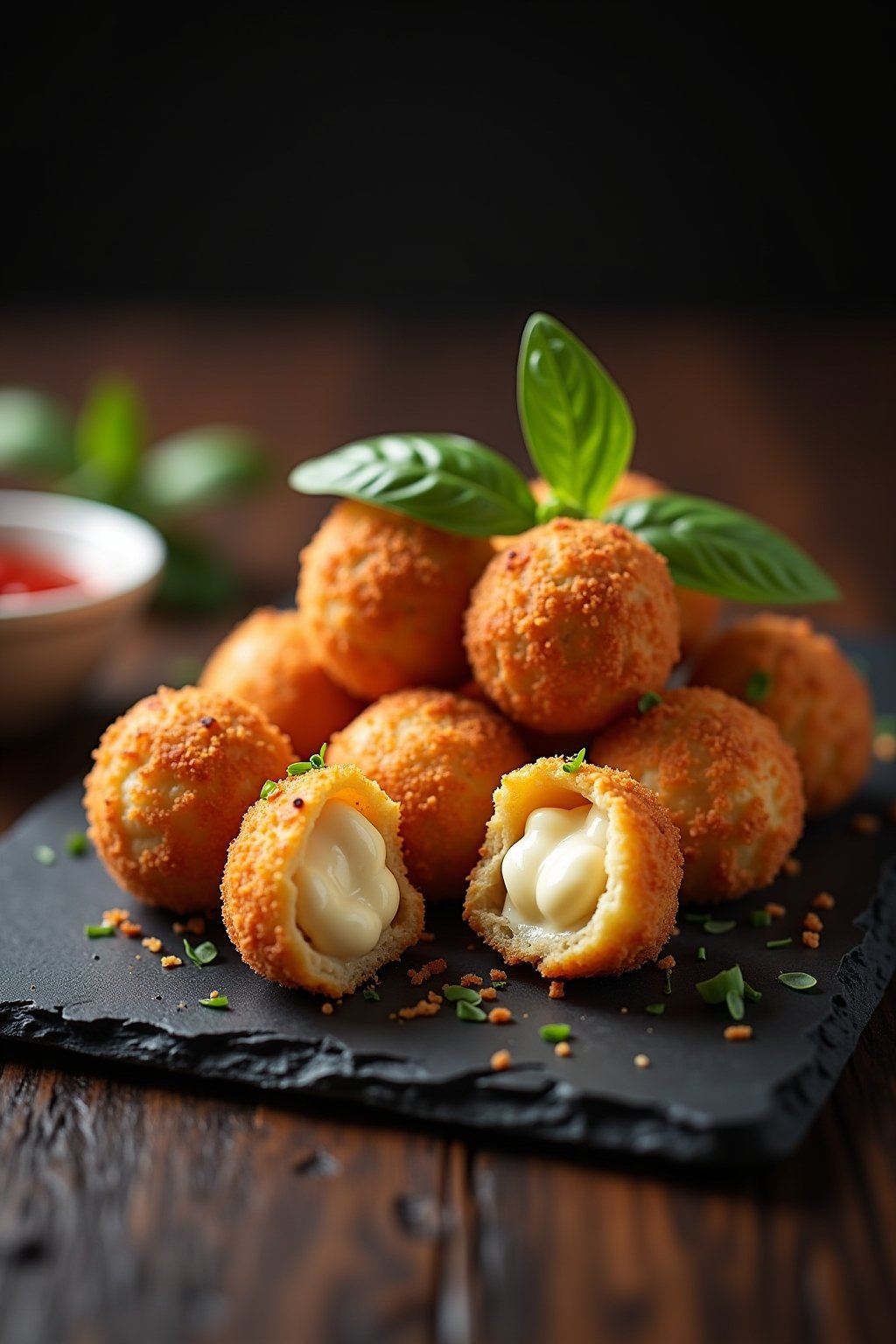 A pile of golden crispy air fryer cheese balls on a dark slate plate, one broken open showing stretchy molten mozzarella cheese pulling apart, perfectly round golden brown breaded exterior, a small...