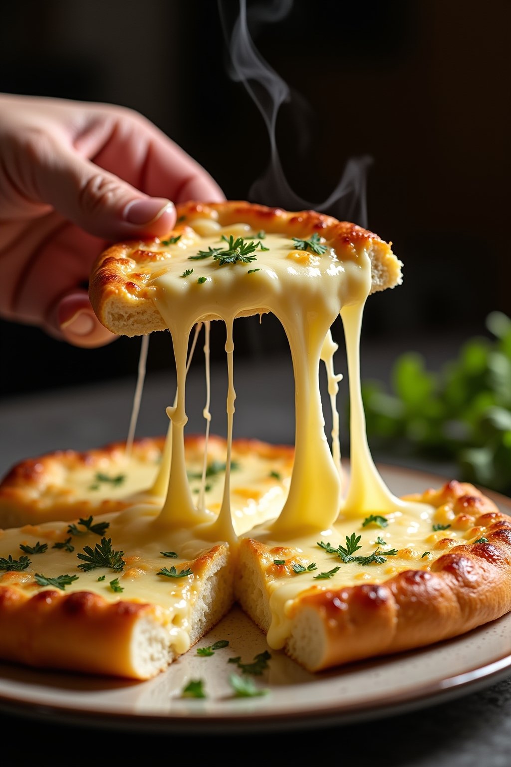 Close-up action shot of a hand pulling apart a slice of cheesy tortilla garlic bread with melted mozzarella stretching in long strings, the crispy golden tortilla surface visible with garlic and pa...