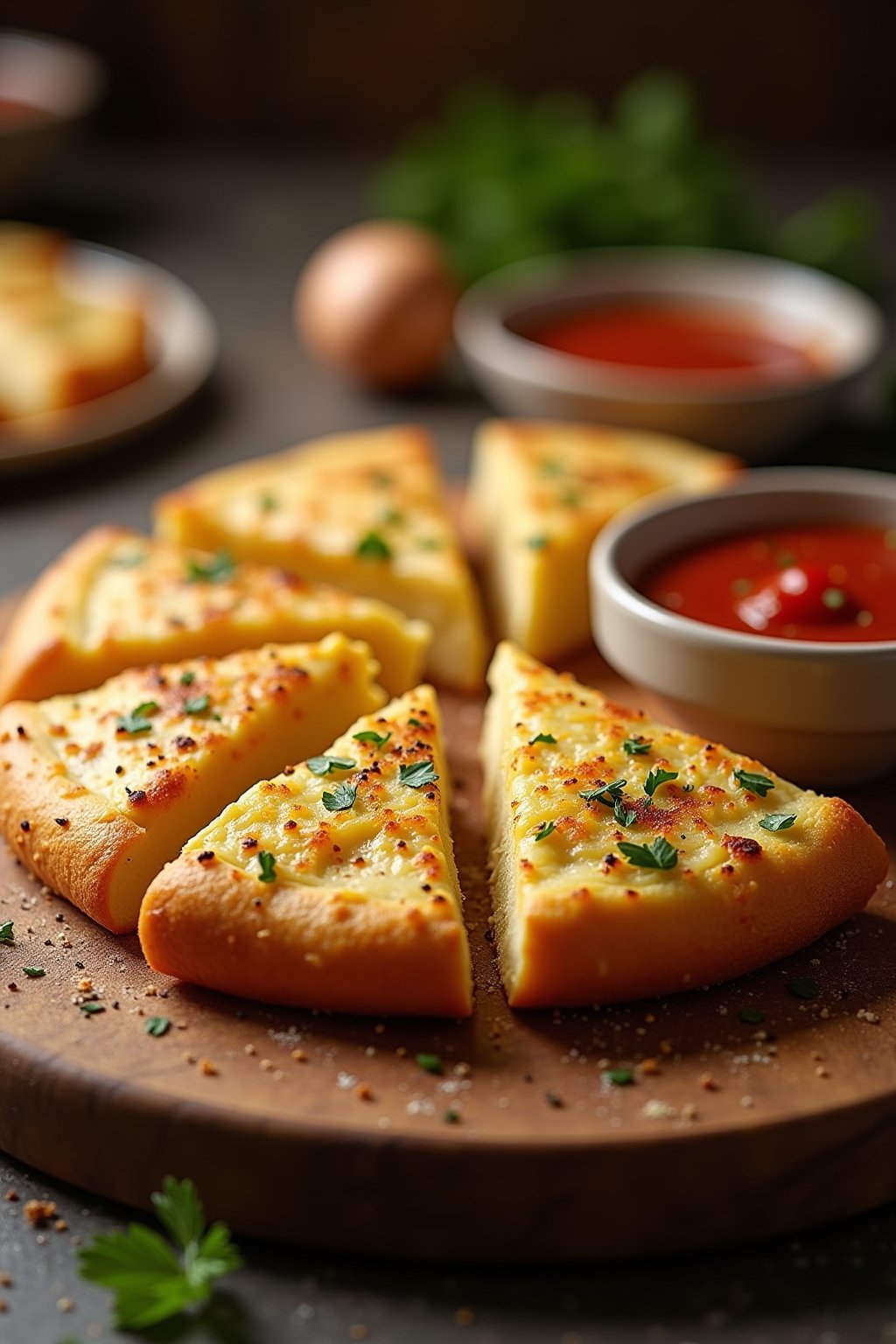 A golden crispy air fryer cheesy tortilla garlic bread sliced into triangular wedges on a rustic wooden cutting board, melted mozzarella stretching between the pieces, visible garlic butter and par...