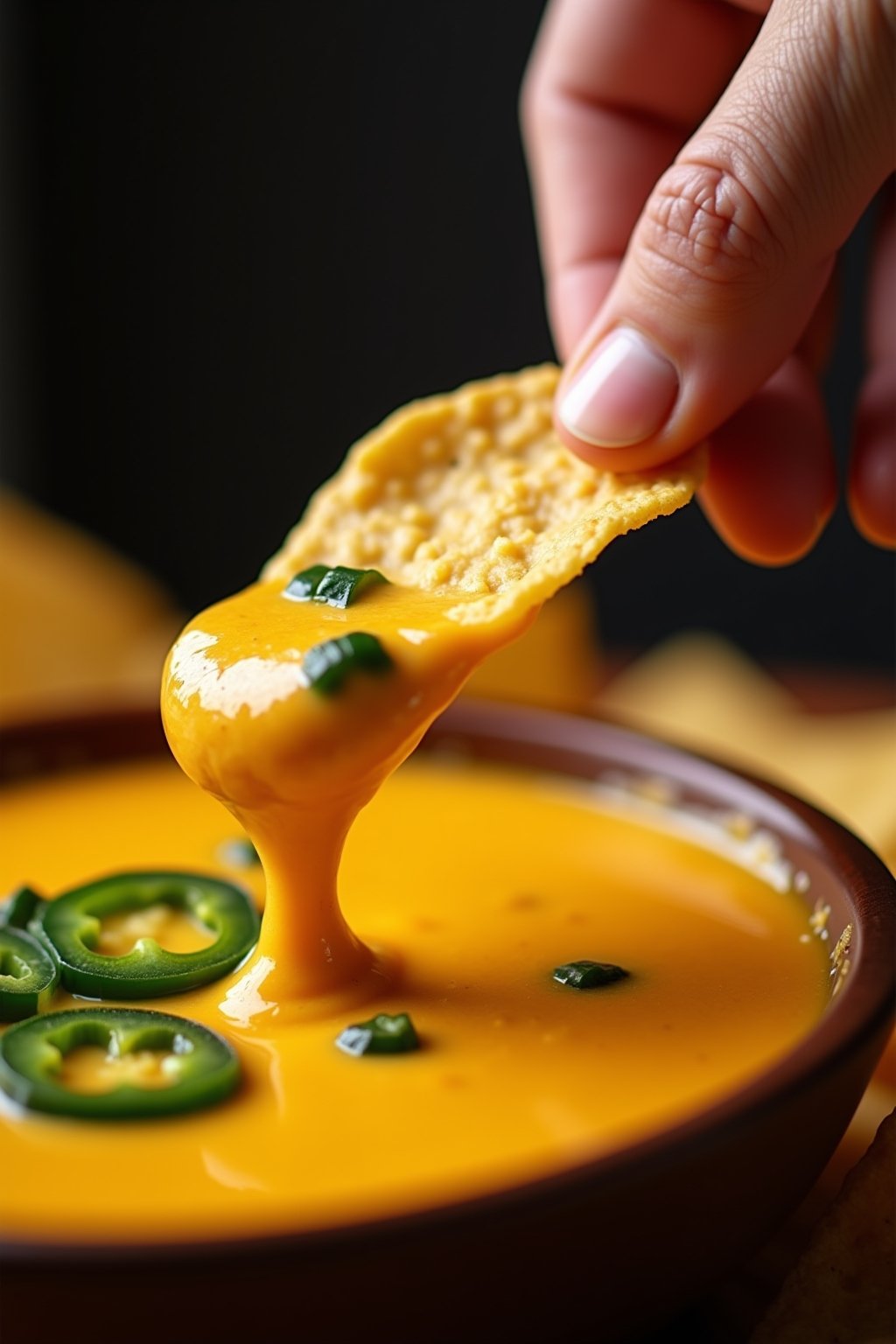 Close-up action shot of a hand dipping a crispy golden homemade tortilla chip into a bowl of warm creamy queso, the cheese stretching as the chip is lifted, visible jalapeño pieces in the queso, mo...