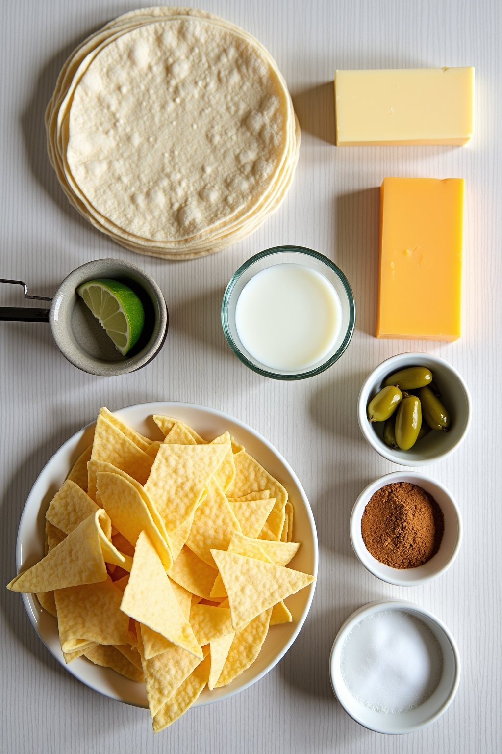 Overhead flat lay of tortilla chips and queso ingredients: a stack of flour tortillas with some cut into triangles, a block of cheddar cheese with a grater, a cup of milk, butter, pickled jalapeños...