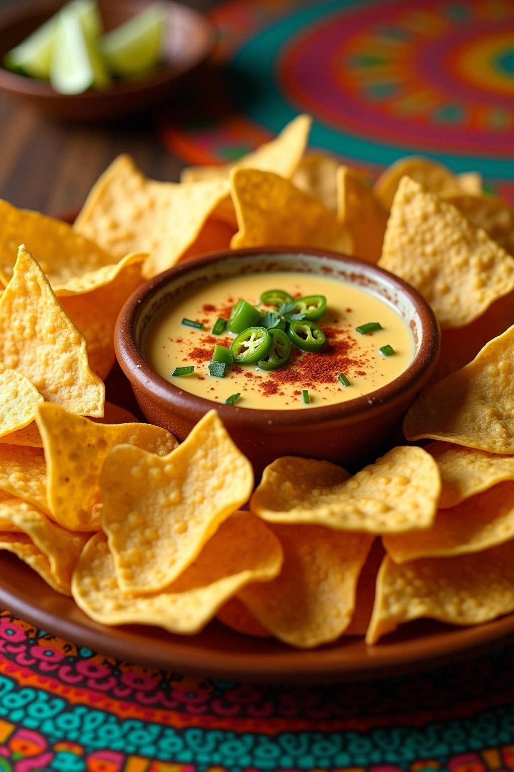 A large platter of golden crispy homemade air fryer tortilla chips arranged around a central bowl of warm creamy queso cheese dip, the chips are perfectly golden and triangular with visible salt cr...