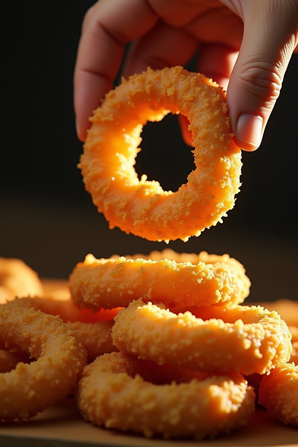 Close-up of a hand lifting a single large golden crispy onion ring from a pile, showing the crunchy panko coating and the tender onion visible inside, other onion rings stacked below, warm golden s...