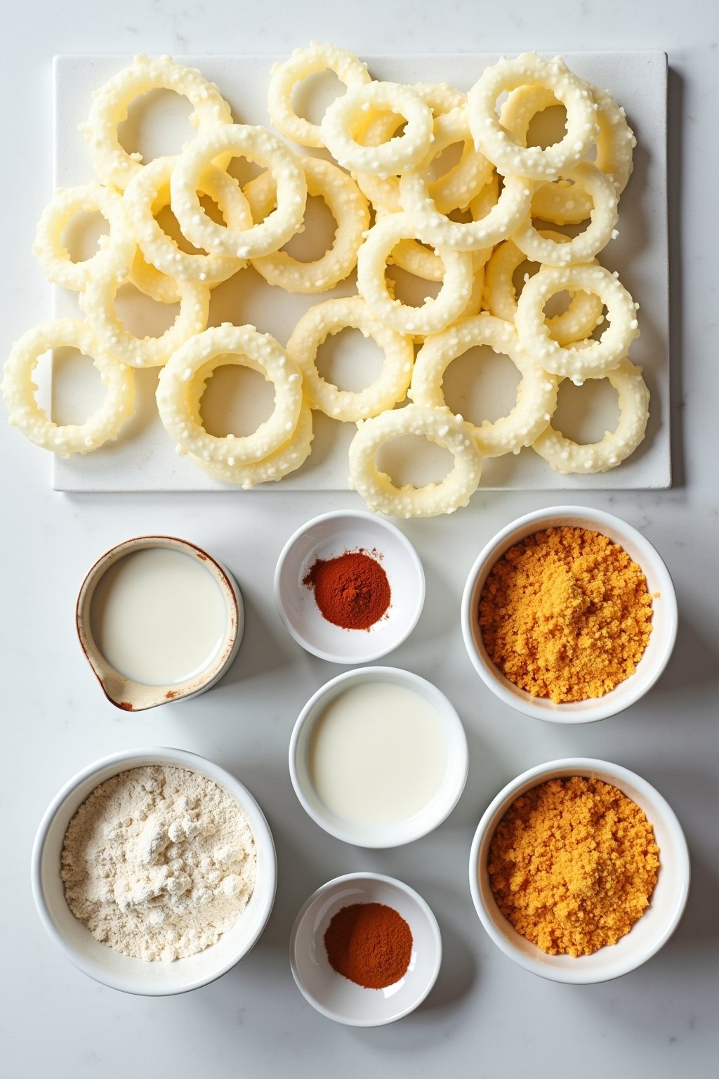 Overhead flat lay of onion ring breading station: thick-sliced sweet onion rings separated, three shallow bowls with seasoned flour, buttermilk, and panko breadcrumb mixture, cooking spray can, smo...