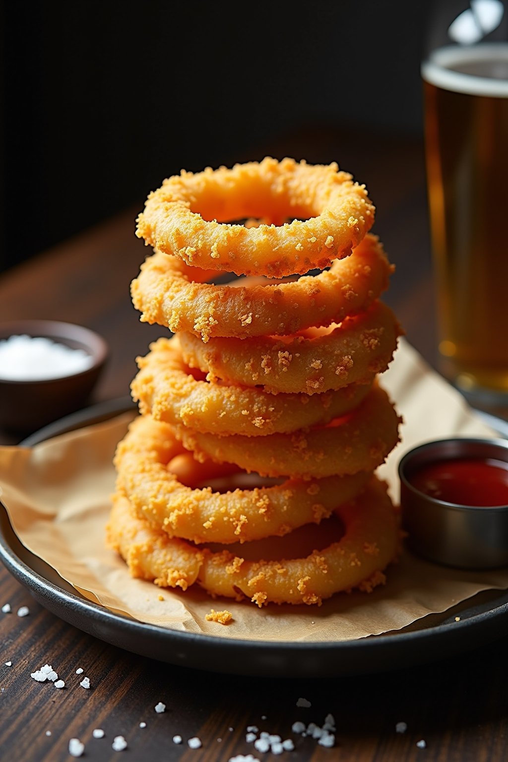 A tall pile of golden crunchy air fryer onion rings stacked casually on a piece of parchment paper on a dark plate, perfectly golden panko breadcrumb coating visible, one ring broken showing the te...