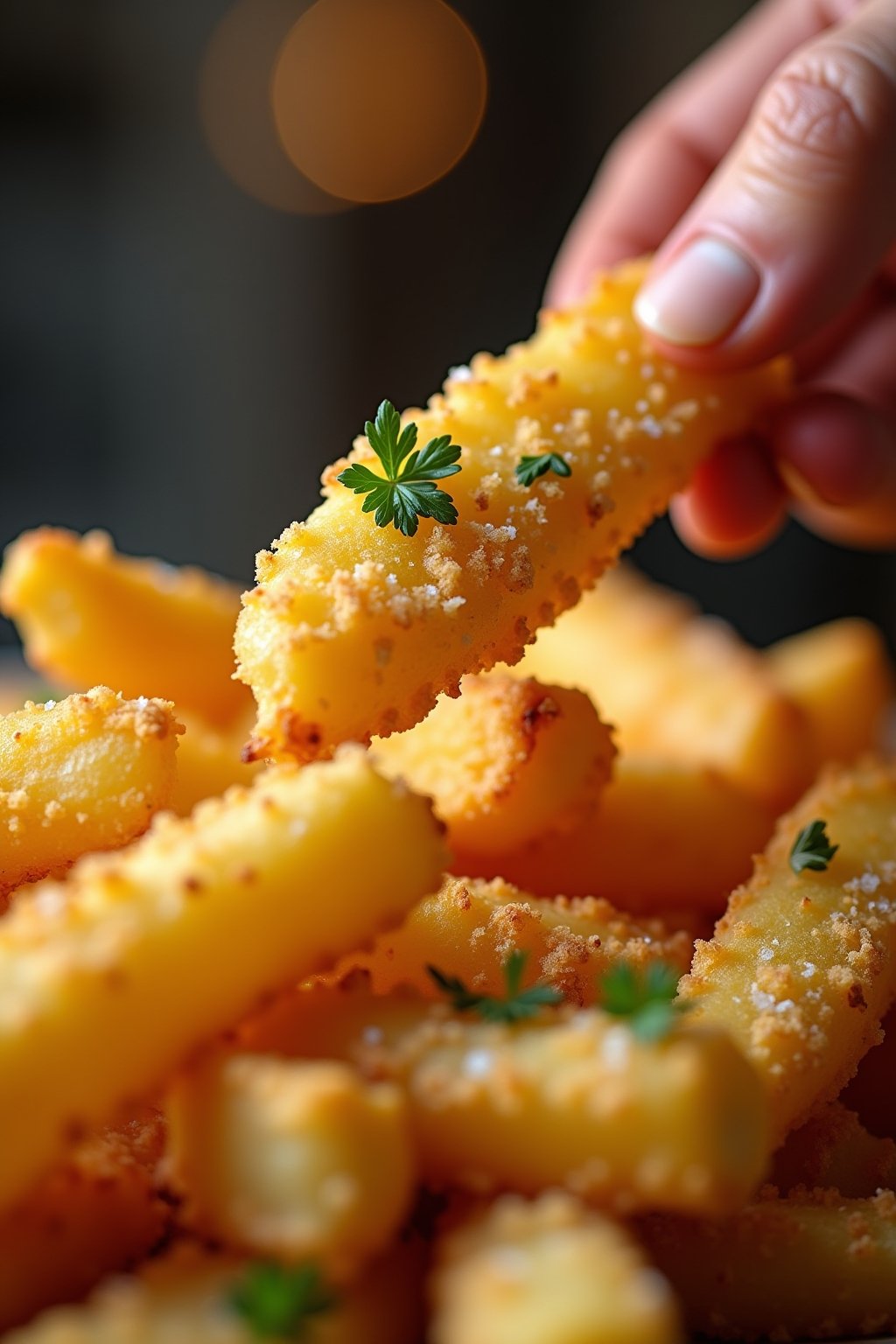 Close-up of a hand picking up a golden crispy garlic parmesan fry from a pile, showing the crispy exterior coated in parmesan and parsley, other fries in sharp focus showing their golden texture, f...