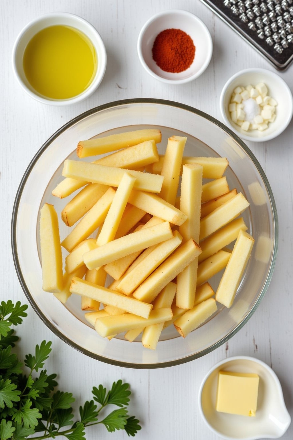 Overhead flat lay of garlic parmesan fries ingredients: russet potatoes cut into sticks in a bowl of water, olive oil bottle, garlic powder and paprika in small dishes, a block of parmesan with a g...