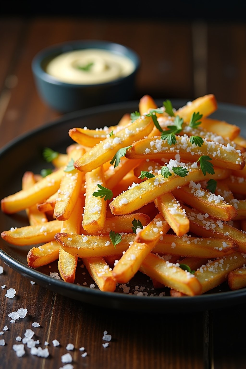 A generous pile of golden crispy air fryer garlic parmesan fries on a dark plate, visible parmesan cheese coating and fresh chopped parsley, perfectly golden and crispy with some fries showing the ...