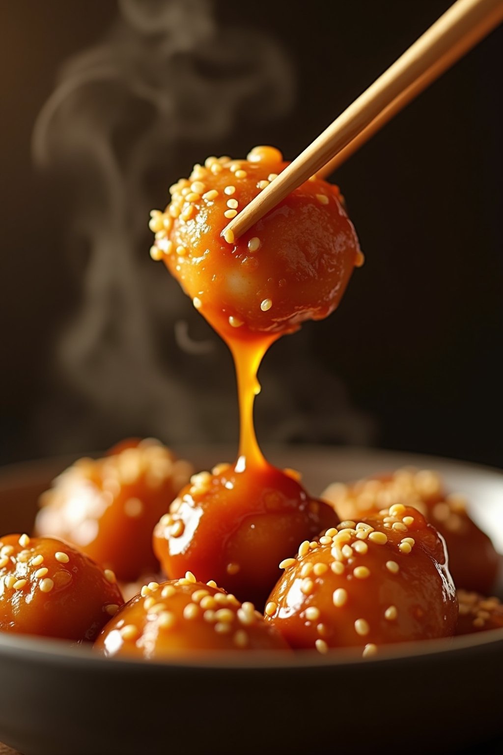 Close-up of chopsticks lifting a single glossy honey garlic chicken bite from a bowl, the sticky sauce dripping and stretching, sesame seeds visible on the golden crispy coating, more chicken bites...