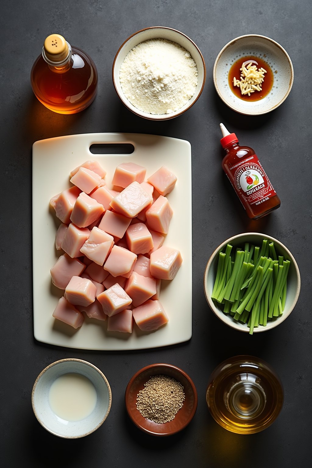 Overhead flat lay of honey garlic chicken ingredients: cubed raw chicken breast on a cutting board, a bowl of cornstarch, a small jar of honey, soy sauce bottle, minced garlic on a small plate, ric...