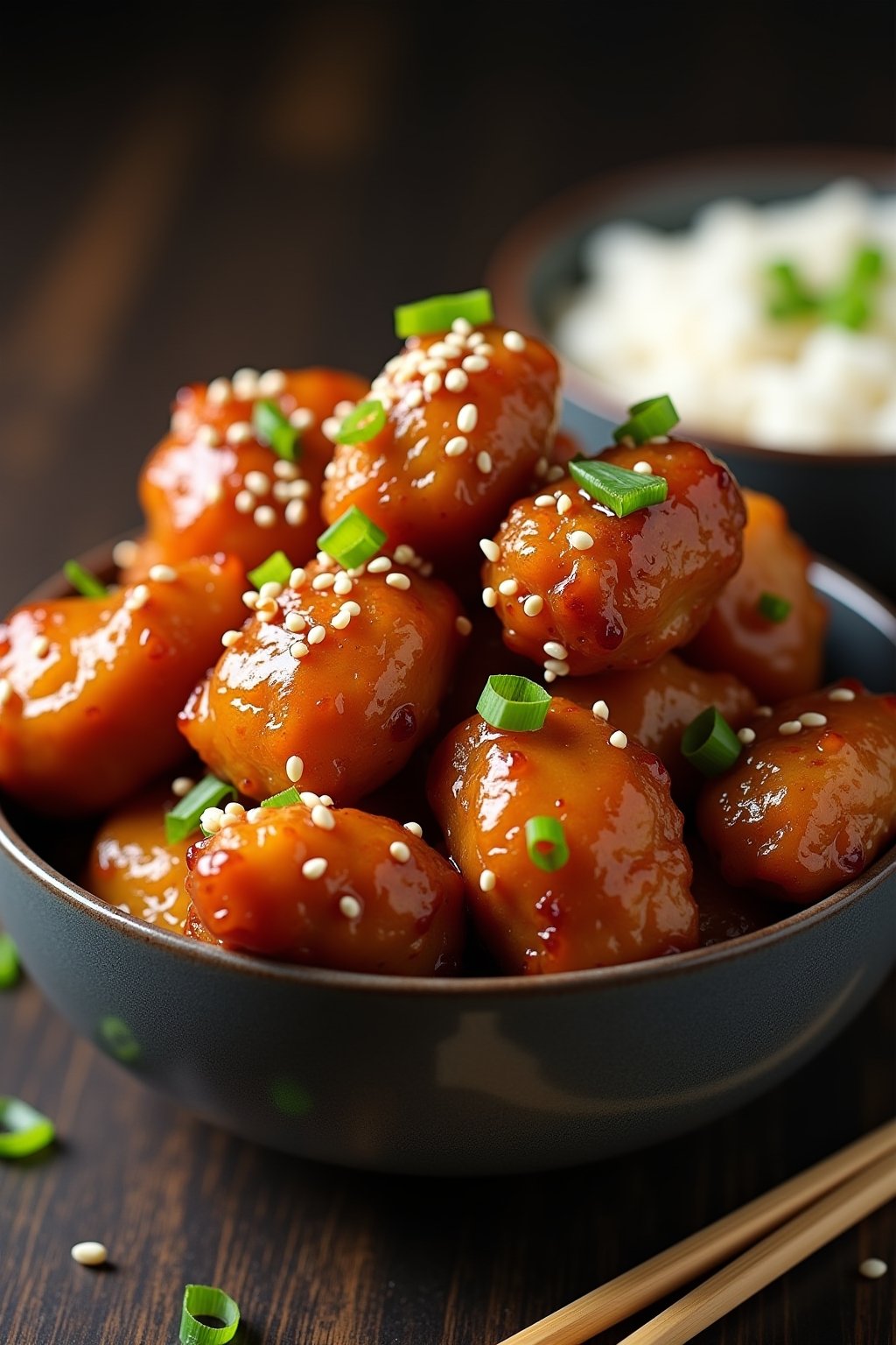 A bowl of glossy sticky air fryer honey garlic chicken bites piled high, perfectly golden crispy coating glazed in a shiny honey garlic sauce, garnished with white sesame seeds and sliced green oni...