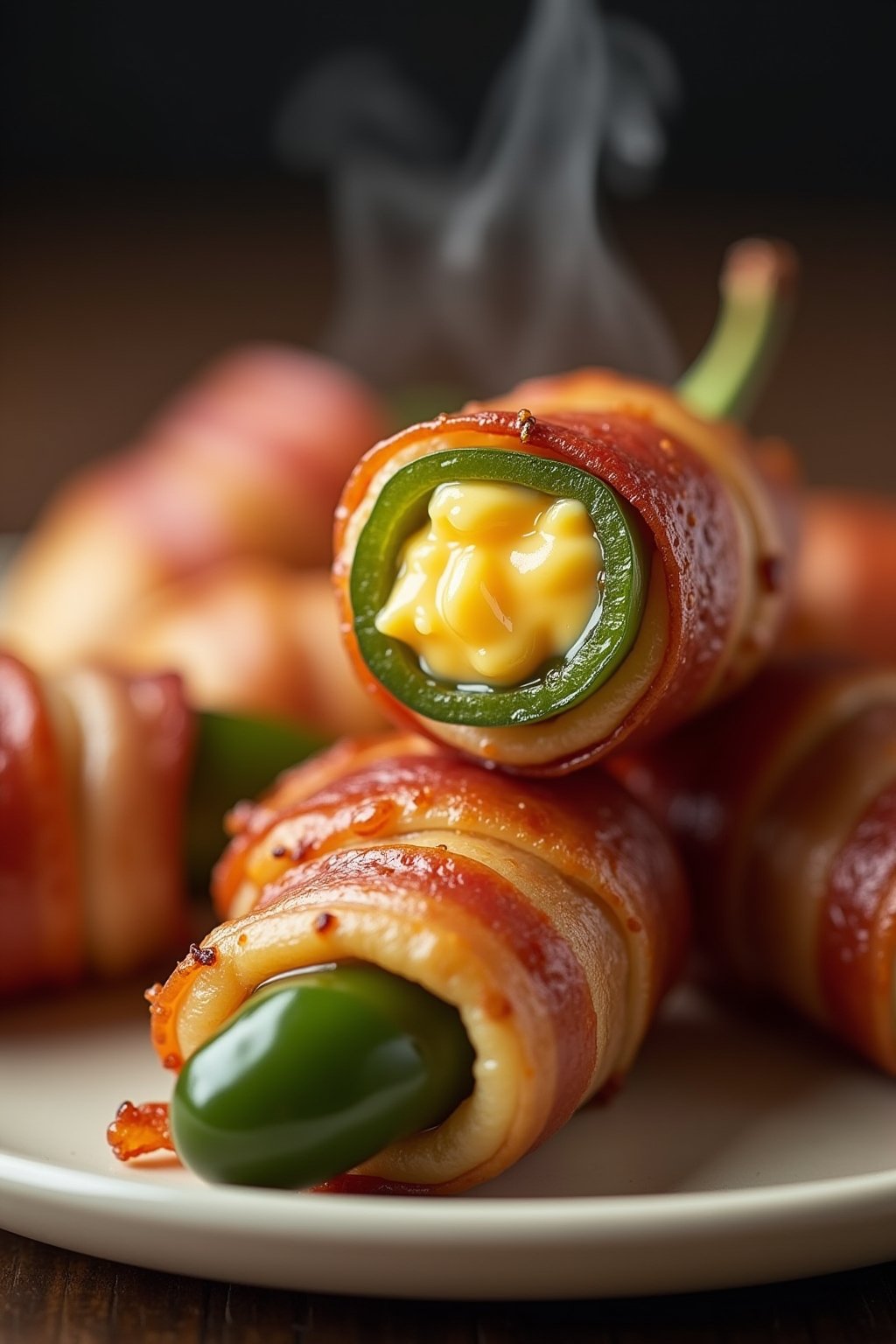 Close-up of a bacon-wrapped jalapeño popper cut in half showing the creamy melted cream cheese and cheddar filling inside the green pepper, crispy golden bacon exterior, steam rising from the hot f...