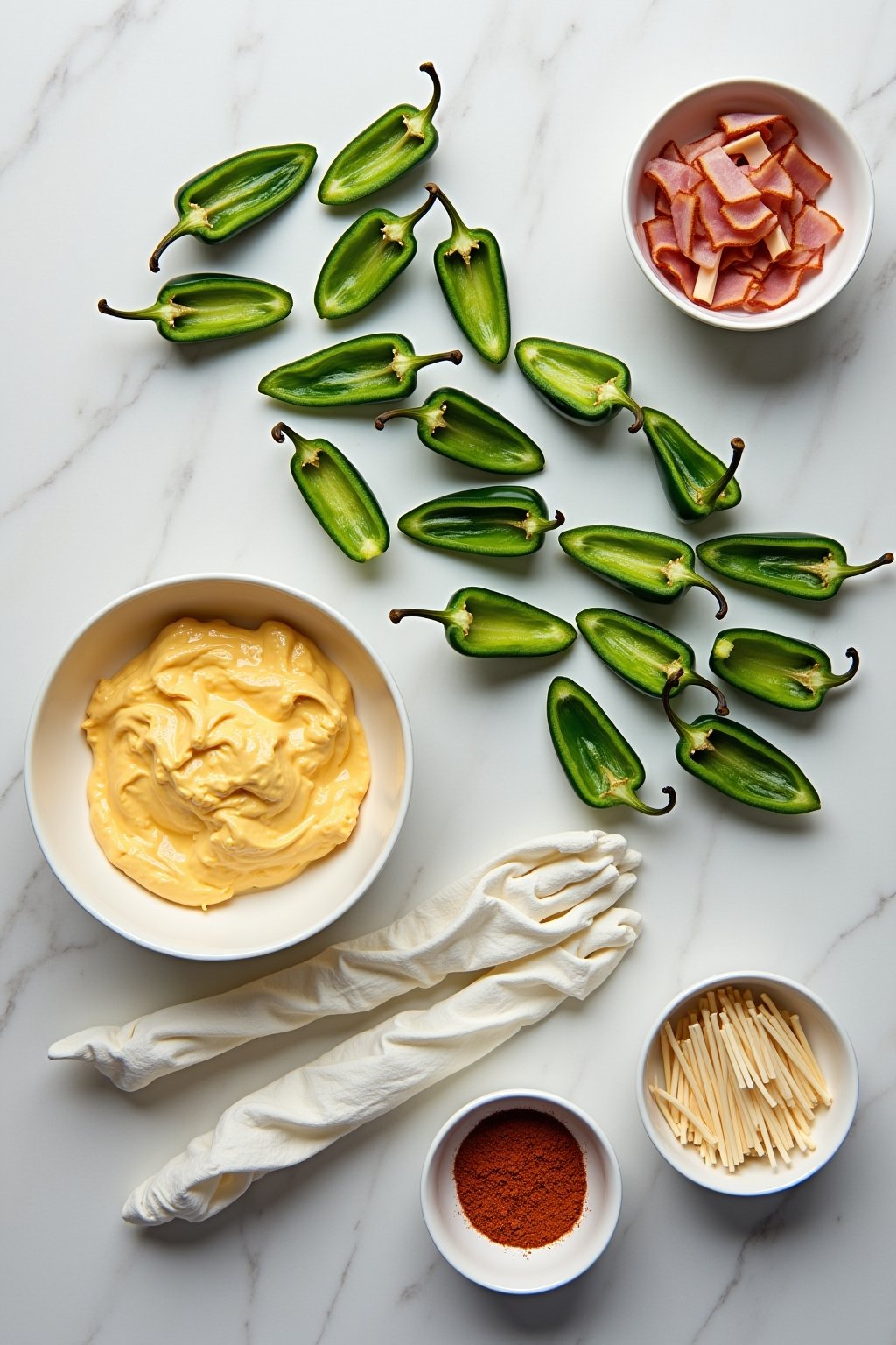 Overhead flat lay of jalapeño popper assembly: halved and cleaned jalapeños in a row, a bowl of cream cheese and cheddar filling, strips of thin-cut bacon, garlic powder and paprika in small dishes...