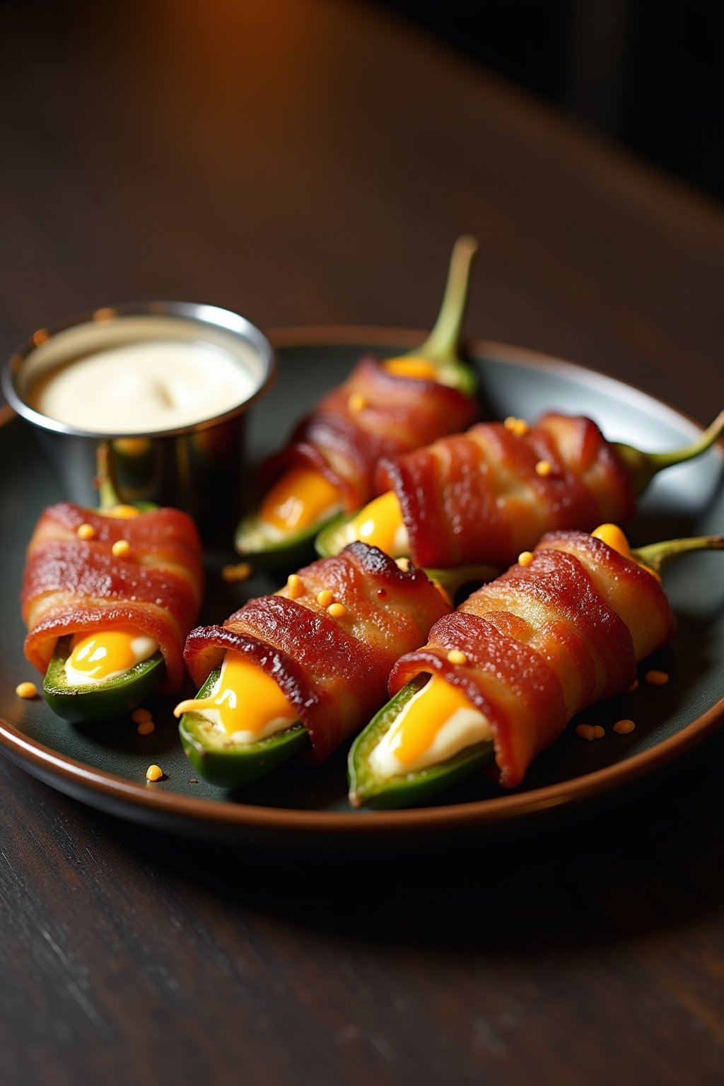 A plate of bacon-wrapped air fryer jalapeño poppers arranged on a dark ceramic plate, crispy golden bacon wrapped around halved jalapeños with bubbly melted cream cheese and cheddar filling visible...