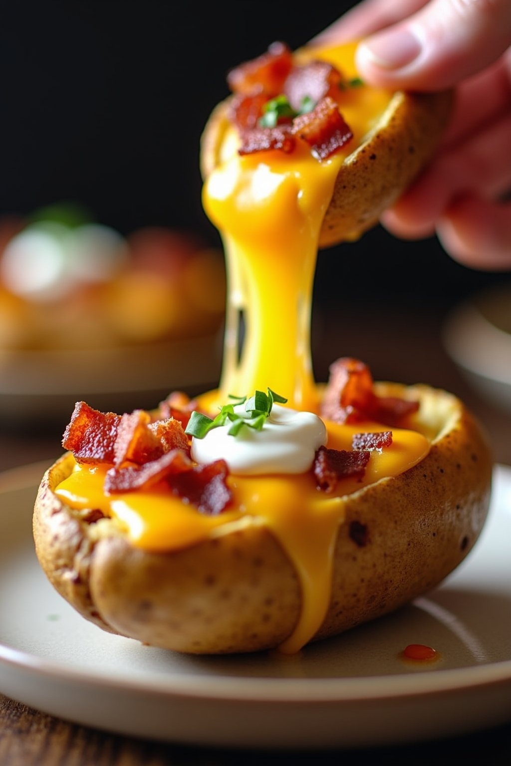 Close-up of a single loaded air fryer potato skin being lifted from a plate, melted cheddar cheese stretching, visible crispy bacon crumbles and sour cream on top, the potato shell is golden and cr...
