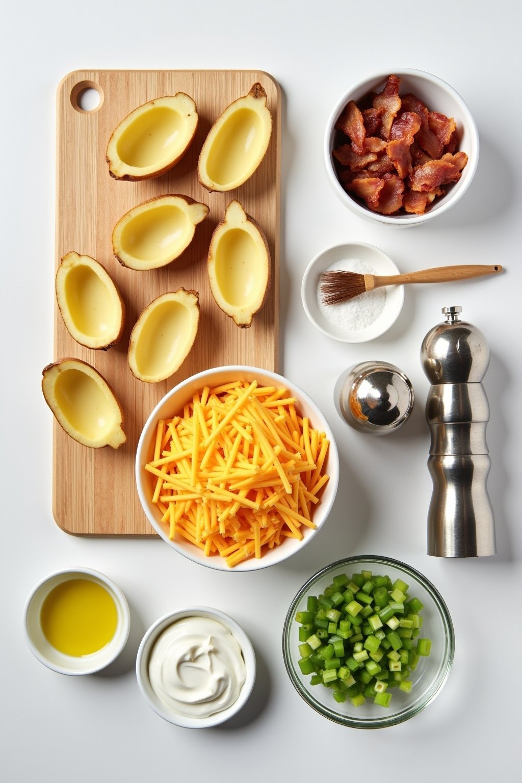 Overhead flat lay of potato skin ingredients: halved and scooped russet potato shells on a cutting board, a bowl of shredded cheddar cheese, crispy bacon strips, sour cream in a small bowl, sliced ...