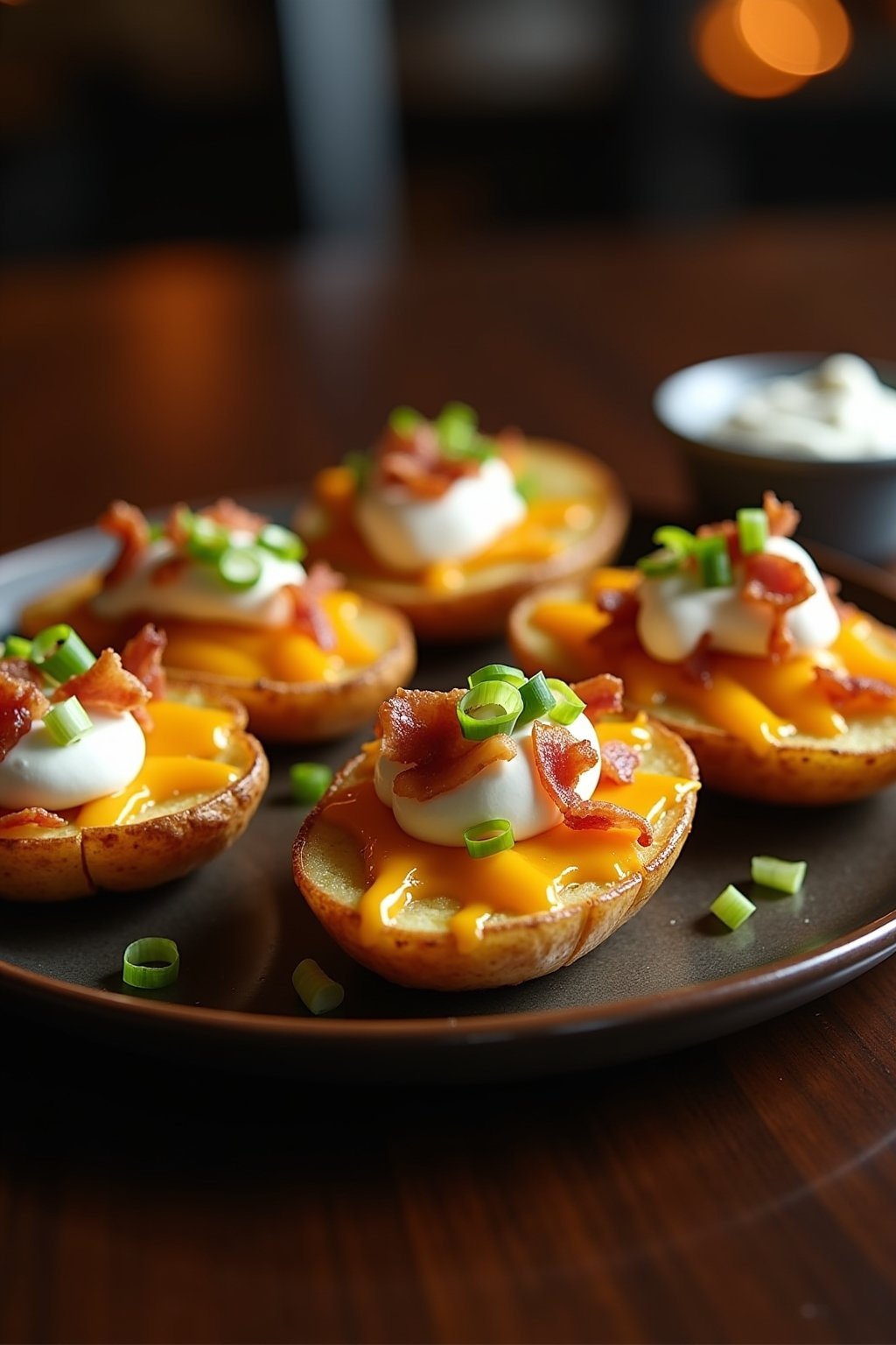 A plate of loaded air fryer potato skins with melted golden cheddar cheese, crispy crumbled bacon, dollops of white sour cream, and sliced green onions on top, the potato skins have crispy golden b...