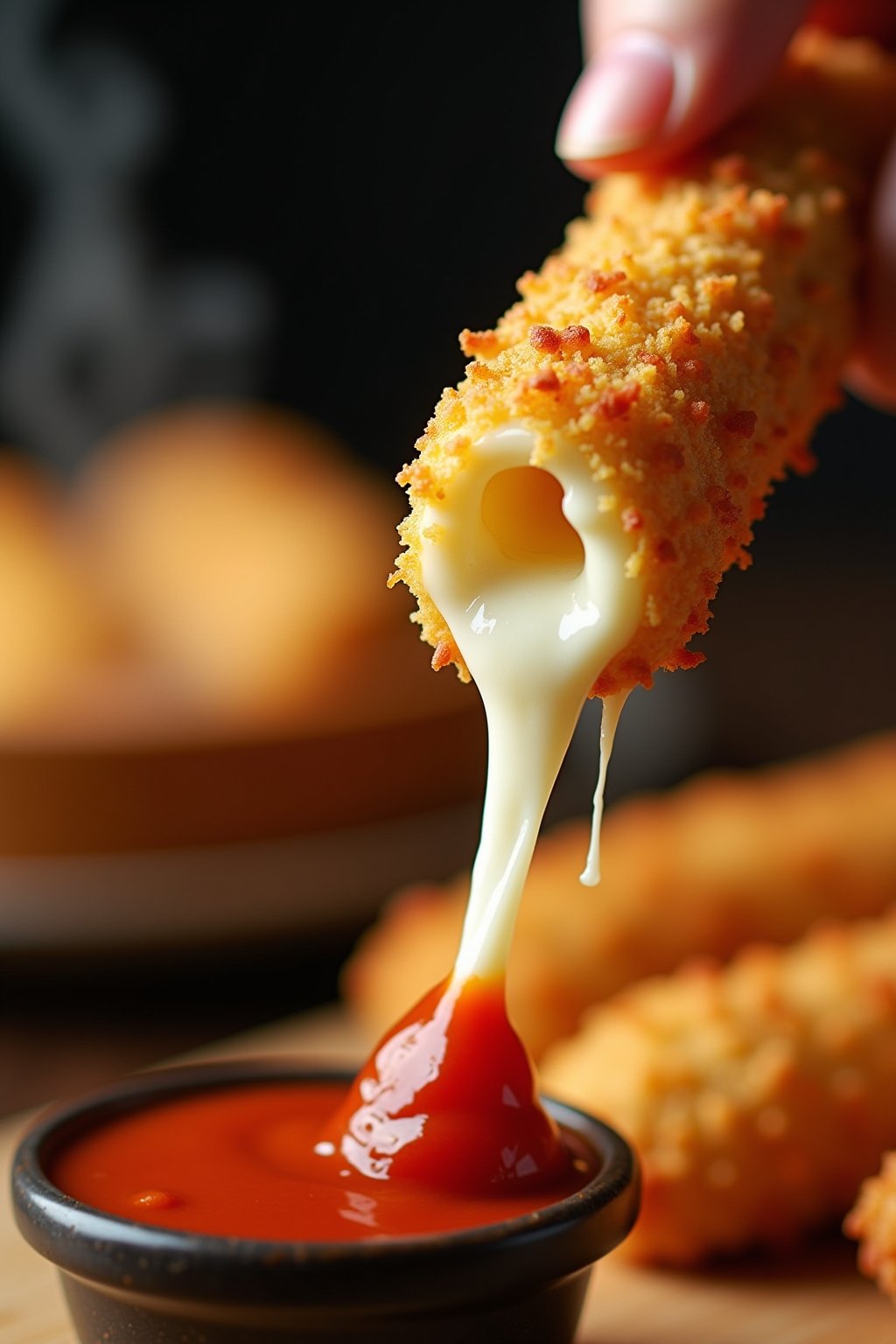 Close-up of a hand pulling a crispy air fryer mozzarella stick apart showing an extremely long stretchy mozzarella cheese pull, golden Italian breadcrumb coating visible, warm steam rising, more mo...