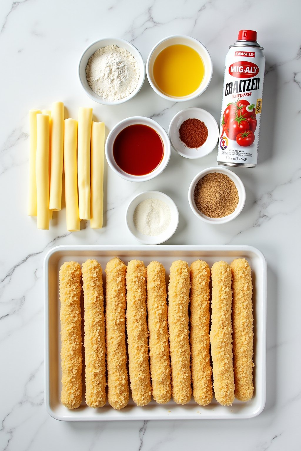 Overhead flat lay of mozzarella stick breading station: a row of string cheese sticks, three shallow bowls with flour, beaten eggs, and seasoned breadcrumbs, a tray of coated mozzarella sticks read...