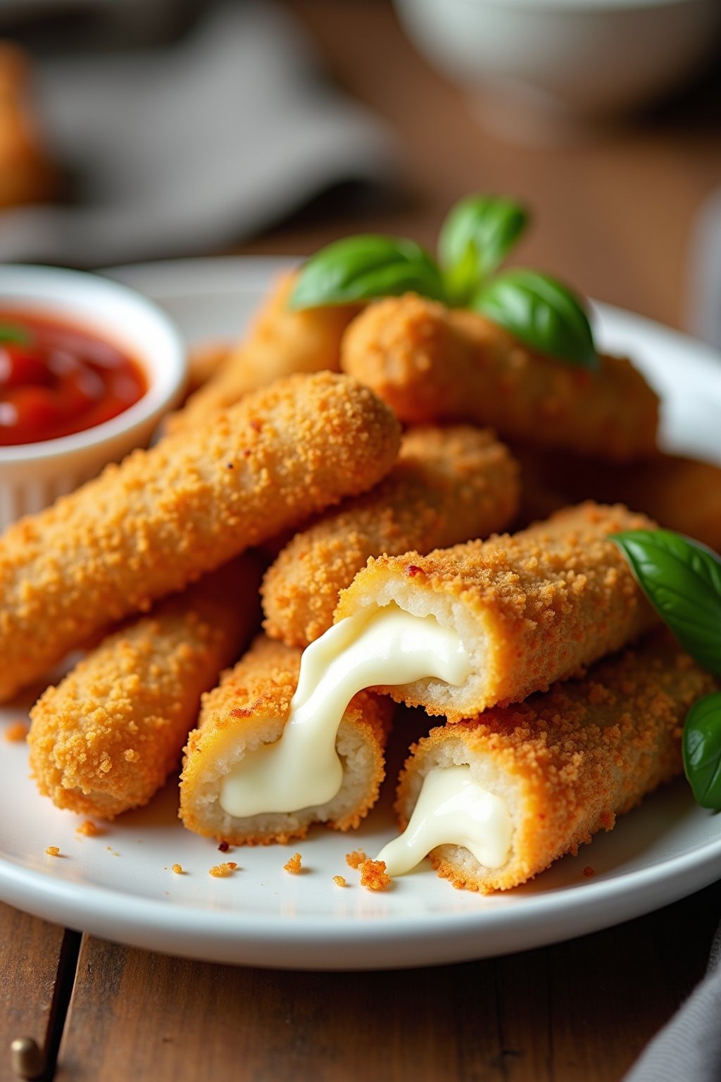 A plate of golden crispy air fryer mozzarella sticks piled casually on a white plate, one stick broken in half showing a long stretchy melted mozzarella cheese pull, perfectly golden breadcrumb coa...