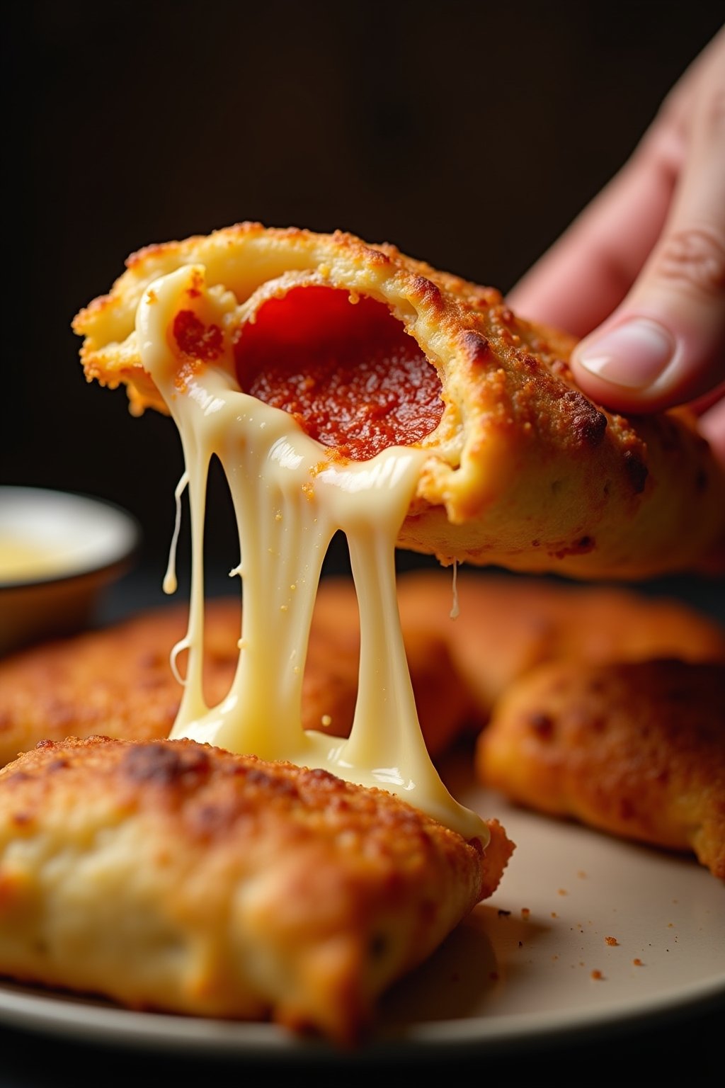 Close-up of a crispy golden air fryer pepperoni pizza roll being pulled open showing stretchy melted mozzarella cheese and a pepperoni slice inside the crispy wonton wrapper shell, parmesan flecks ...