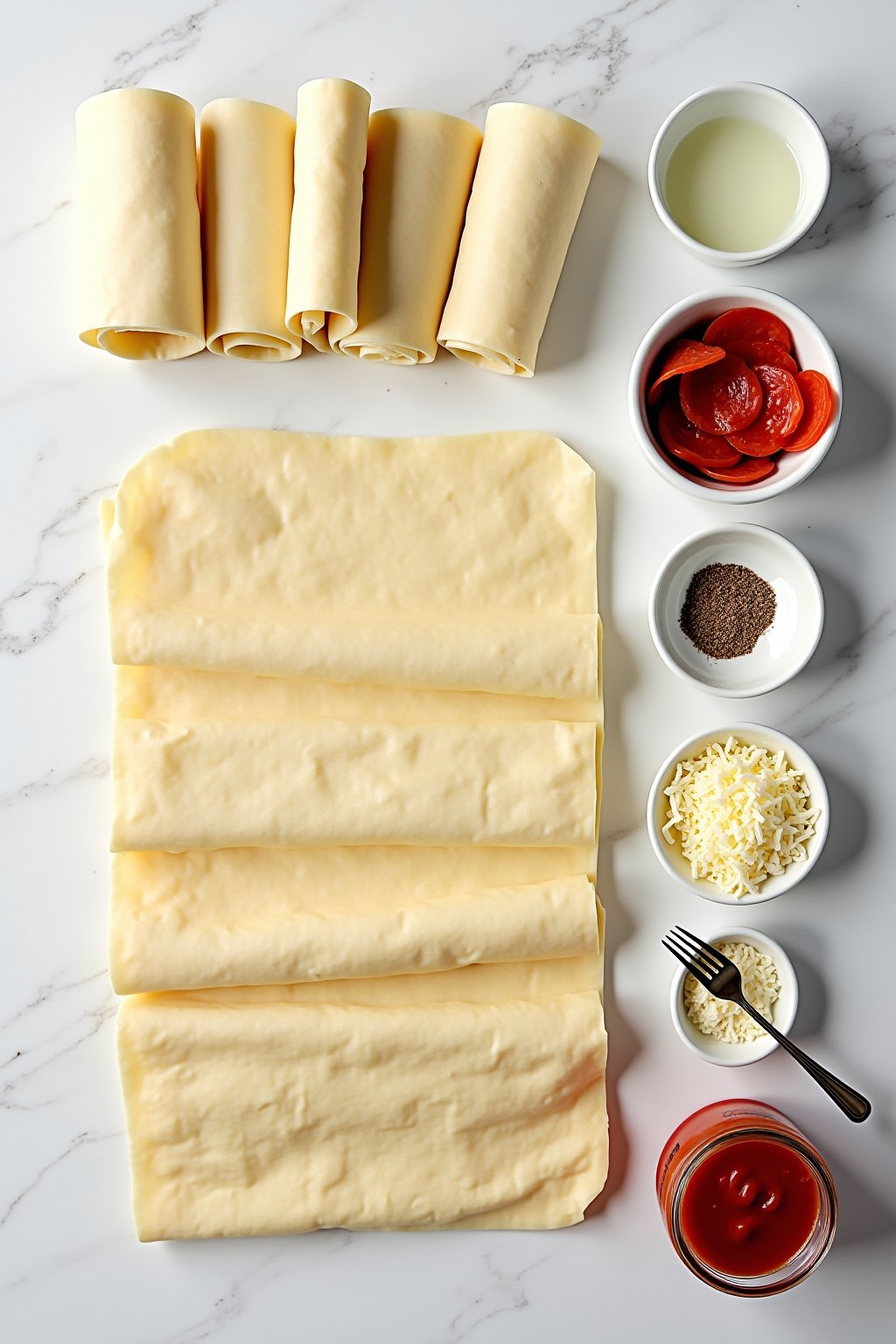 Overhead flat lay of pizza roll assembly: a stack of wonton wrappers, a pile of pepperoni slices, shredded mozzarella in a bowl, Italian seasoning and garlic powder in small dishes, a small bowl of...