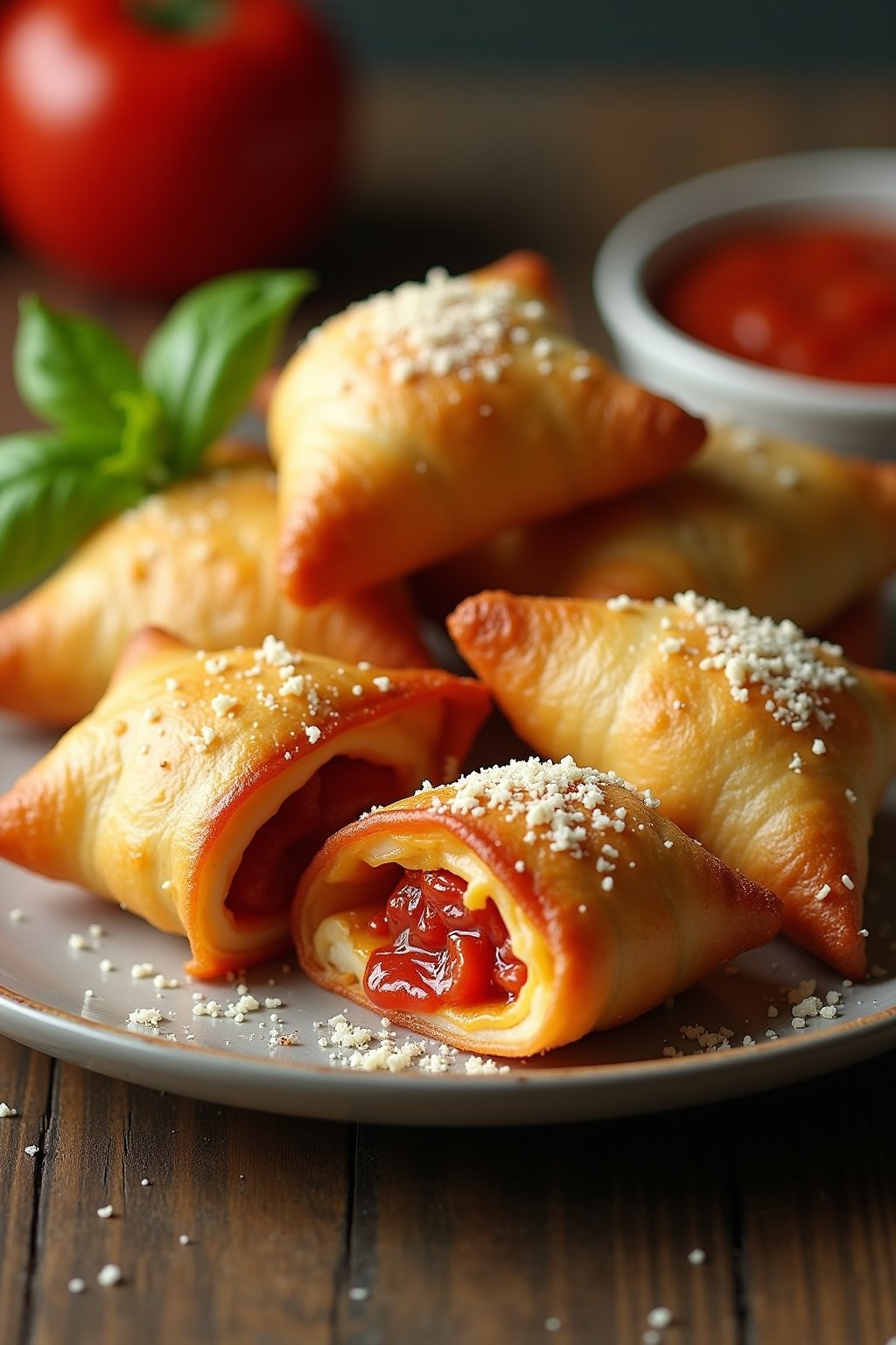 A plate piled with golden crispy air fryer pepperoni pizza rolls made from wonton wrappers, perfectly golden brown and triangular shaped, one roll broken open showing melted mozzarella cheese and p...