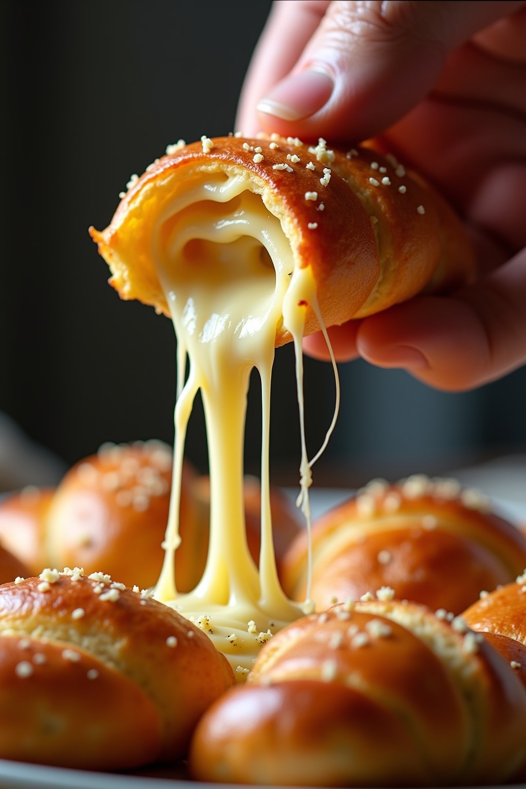 Close-up of a hand pulling a golden air fryer pizza breadstick apart showing the long stretchy melted mozzarella cheese pull inside, golden puffy crescent dough exterior with garlic butter glaze an...