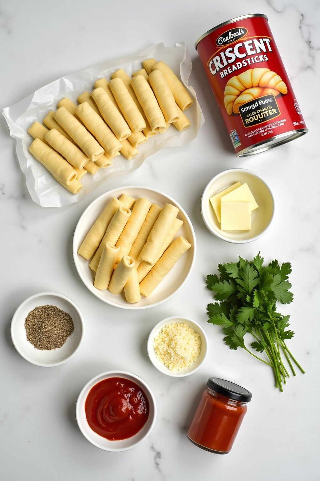 Overhead flat lay of pizza breadstick ingredients neatly arranged: a can of crescent roll dough unrolled showing triangles, a row of string cheese sticks, melted butter in a small bowl, minced garl...