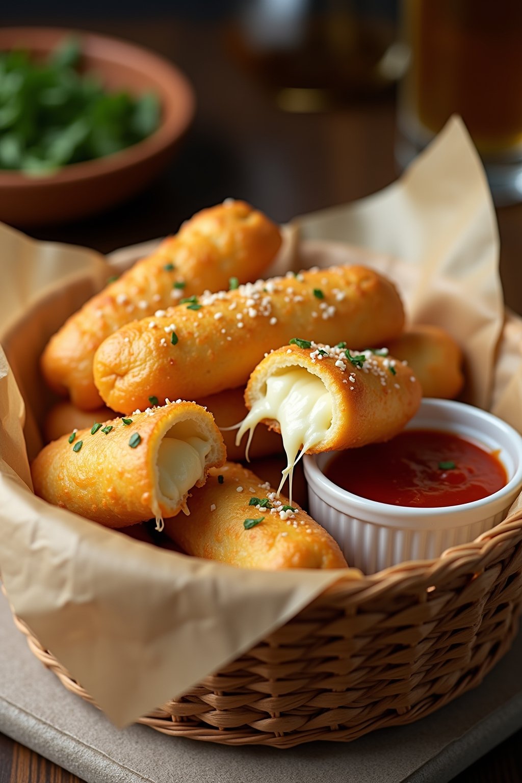 A basket lined with parchment paper filled with golden puffy air fryer pizza breadsticks, melted cheese visible where one is broken open showing stretchy mozzarella inside, brushed with garlic butt...