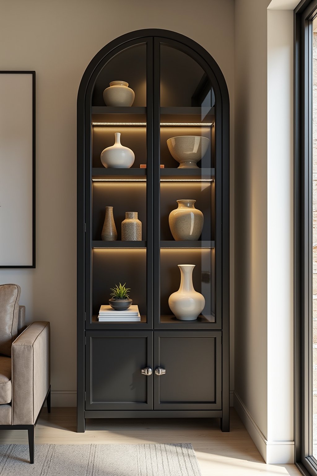An arched glass display cabinet in matte black metal in a living room corner