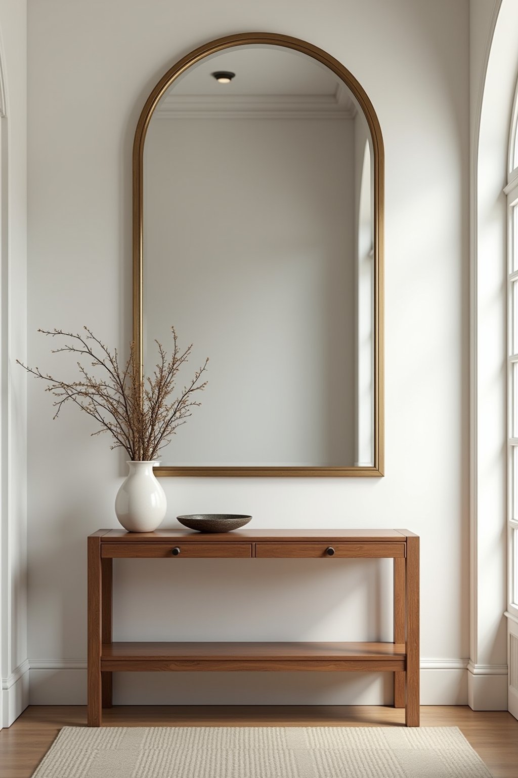 An arched mirror with brass frame hung above a wooden console table in an entryway