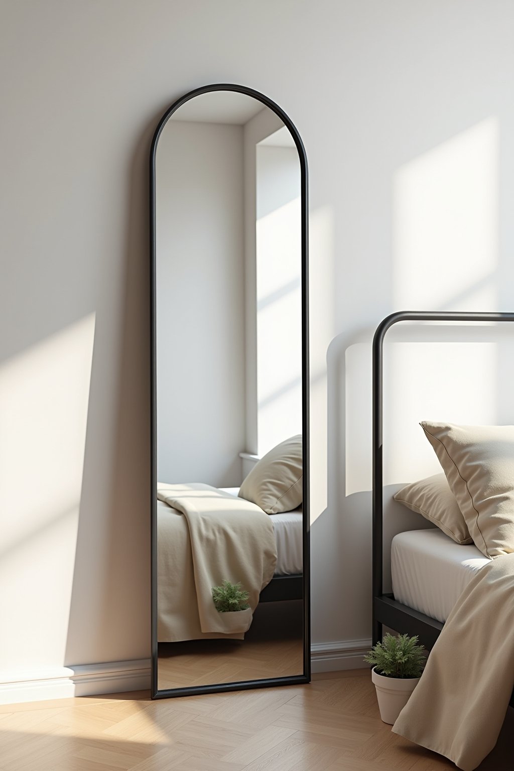 A tall arched floor mirror with slim black metal frame leaned against a white wall in a modern bedroom