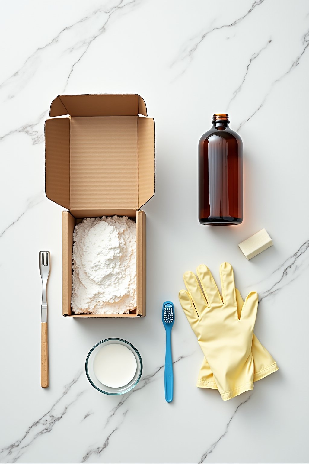 Overhead flat lay of cleaning ingredients and tools on a white marble surface