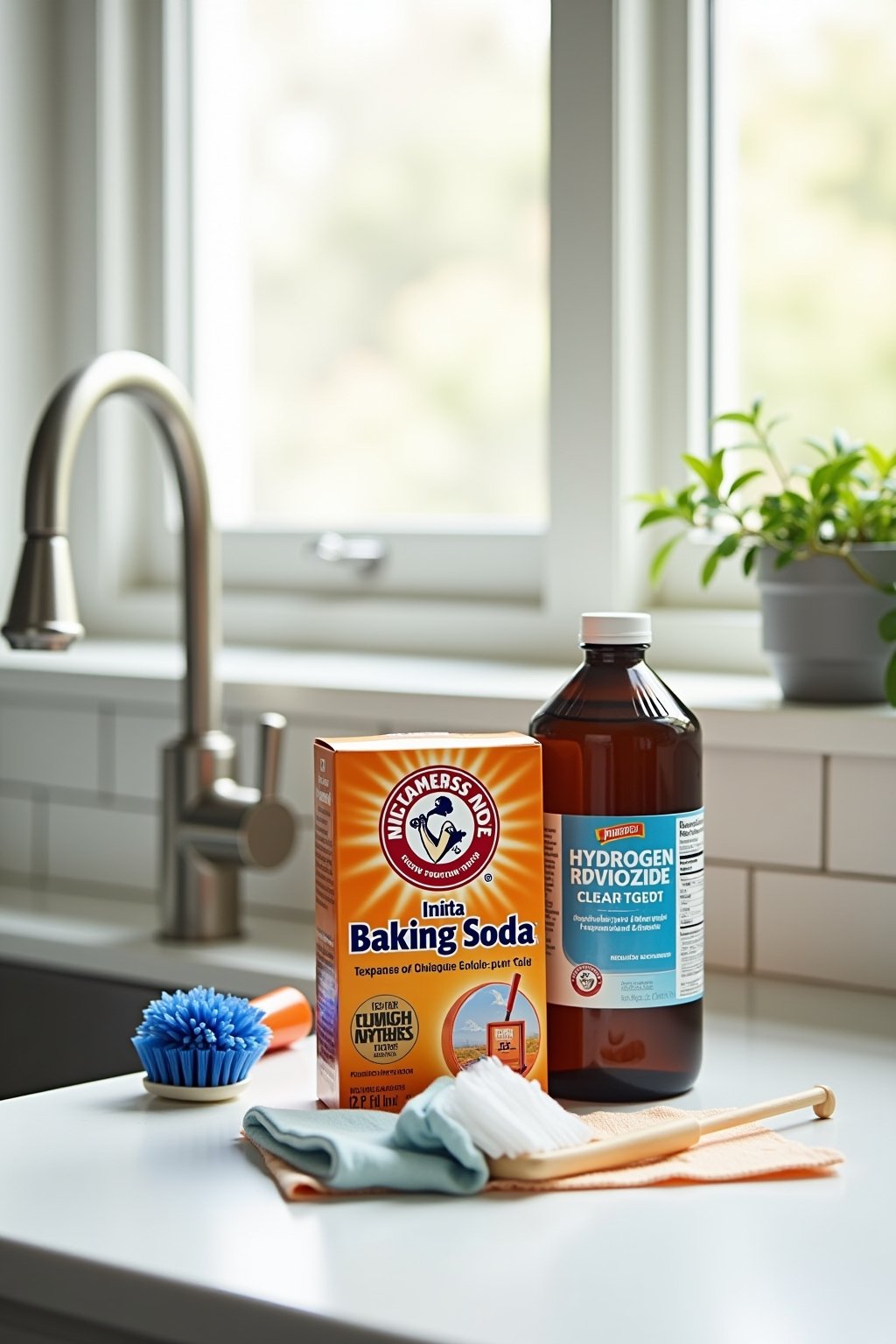 A clean bright kitchen counter with a box of baking soda and a brown bottle of hydrogen peroxide as the hero objects