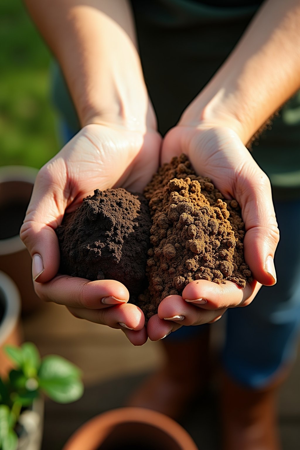 Close-up hands holding two samples of garden soil side by side for comparison, one heavy clay soil forming a dense ball, the other rich amended loamy soil crumbling through fingers, compost and per...