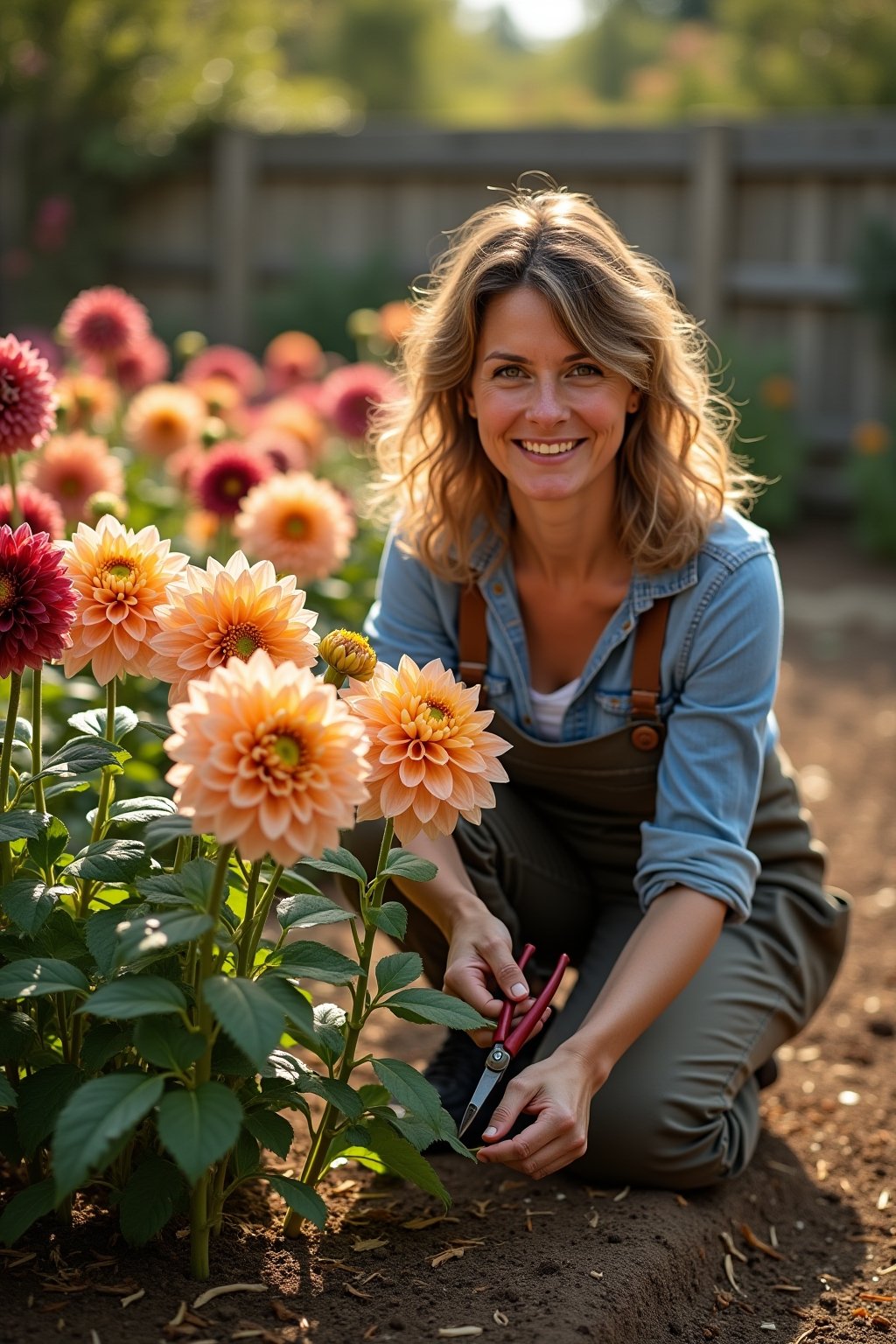 A stunning dahlia garden in full bloom with dinner plate dahlias in peach, burgundy, and golden yellow growing in rich dark soil with straw mulch, a woman gardener kneeling and cutting flowers with...