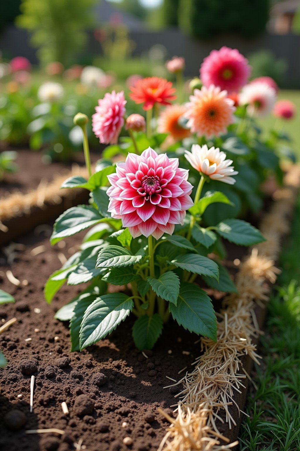 A thriving dahlia garden bed showing healthy plants with dark green foliage and colorful blooms in pink, coral, and white, rich dark amended soil visible around the base of the plants, straw mulch ...