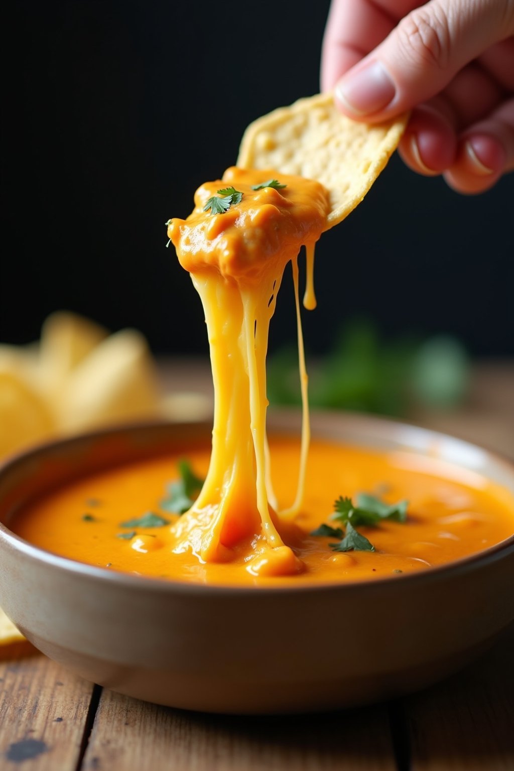 Close-up of a tortilla chip being pulled out of buffalo chicken dip with a long stretchy strand of melted cheese, dramatic action shot, dip glistening in the bowl.
