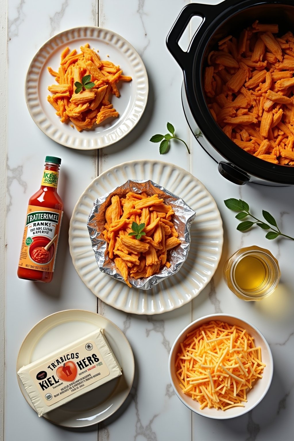 Overhead flat lay of buffalo chicken dip ingredients on a marble counter: shredded rotisserie chicken on a plate, a block of cream cheese in foil, bottle of frank's redhot, a glass jar of ranch dre...