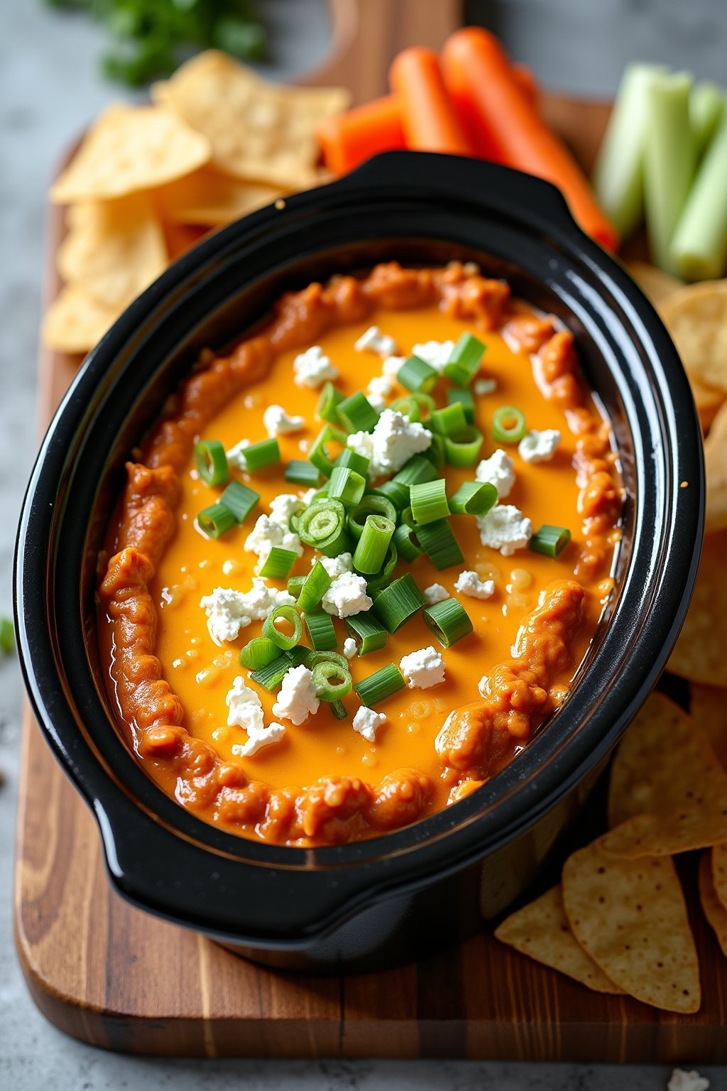 A black ceramic crock filled with bubbling creamy buffalo chicken dip, orange-red color, melted cheese on top, garnished with sliced green onions and crumbled blue cheese, surrounded by tortilla ch...