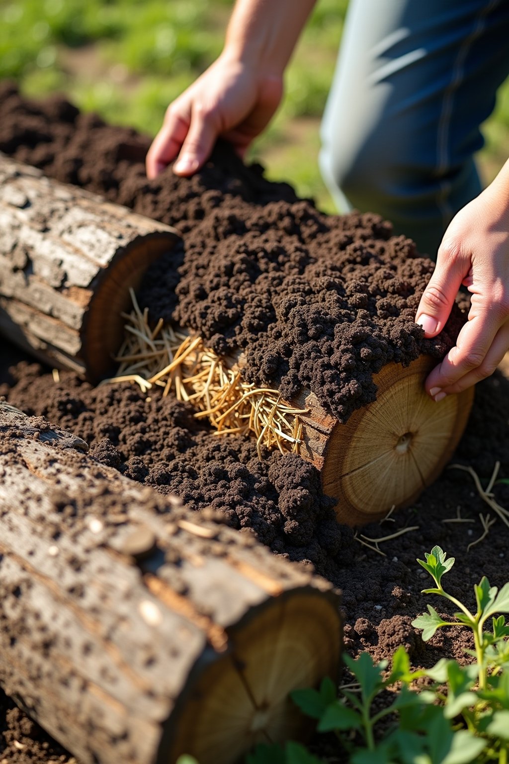 Close-up photograph of layers in a hugelkultur bed being built: large logs at the bottom, smaller branches and twigs in the middle, straw and leaves on top, rich dark compost being spread over the ...