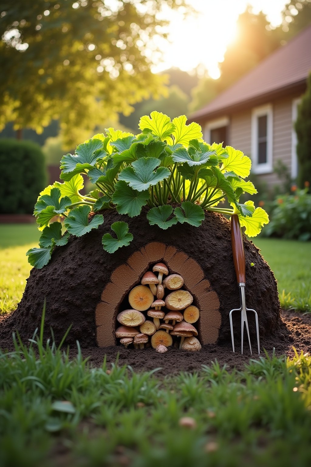 A beautiful hugelkultur raised garden mound in a sunny backyard showing lush green squash and pumpkin vines growing abundantly over the dome shape, rich dark soil visible, a cross-section diagram e...