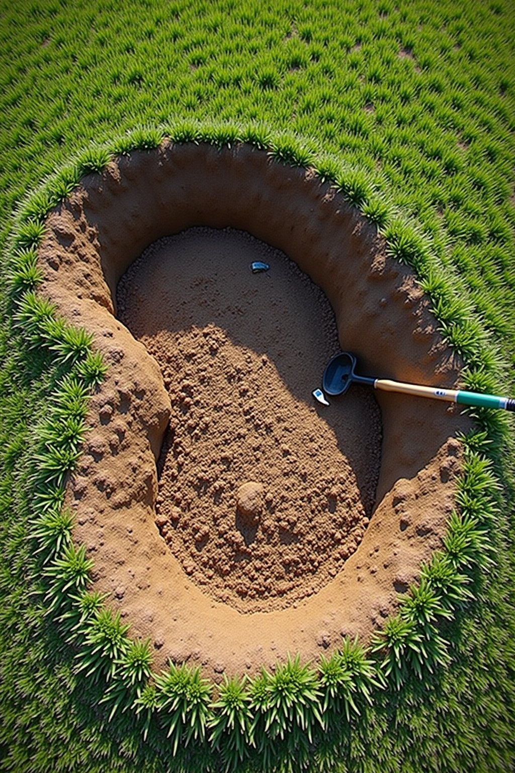 Overhead photograph of a rain garden being excavated: a shallow bowl shape dug into a lawn, the berm of piled soil on the downhill side, a shovel in the ground, string marking the outline, a garden...