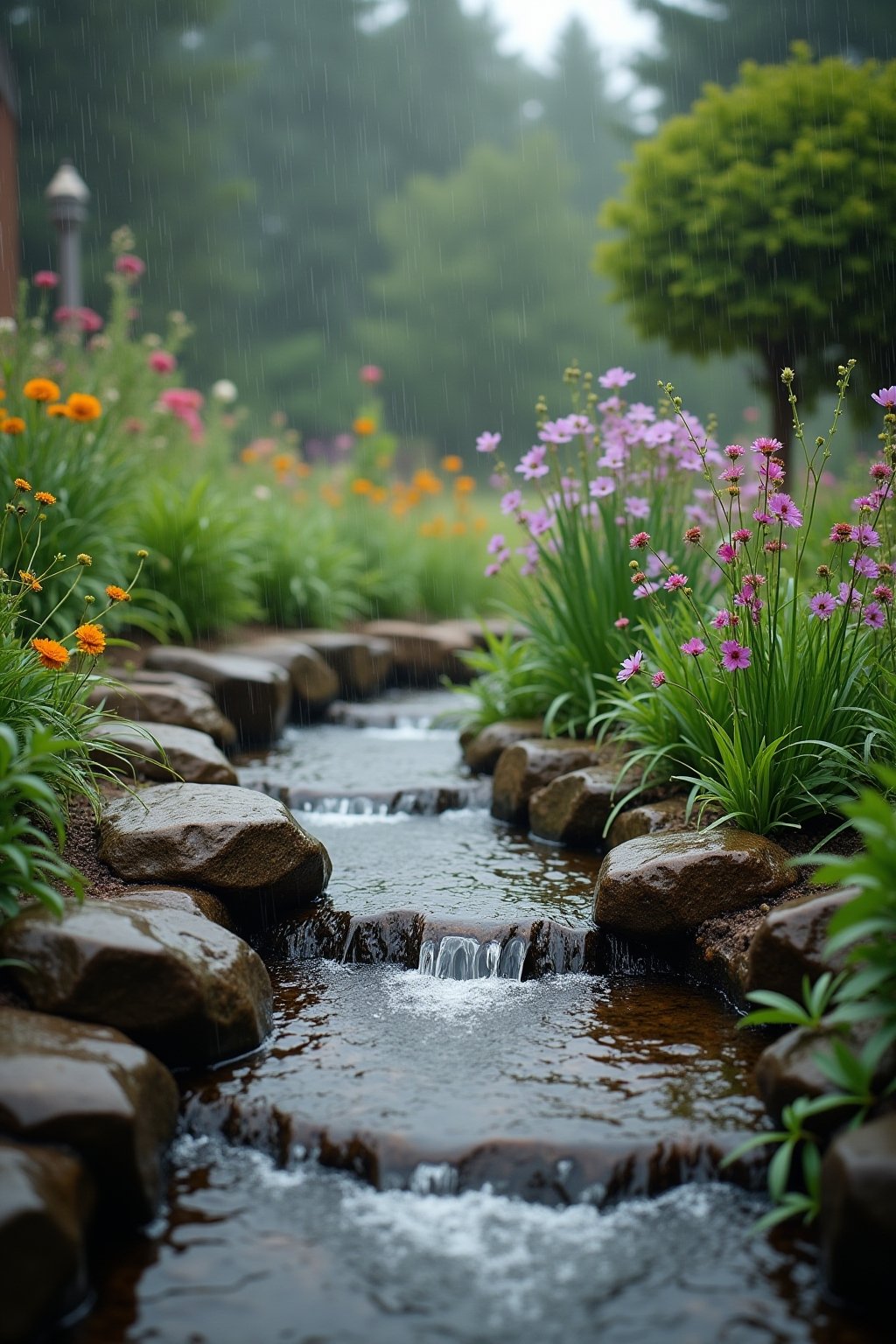 A mature rain garden during a light rain: water flowing gently into the planted depression through a river rock channel, raindrops on native plant leaves, wildflowers blooming in the rain, peaceful...
