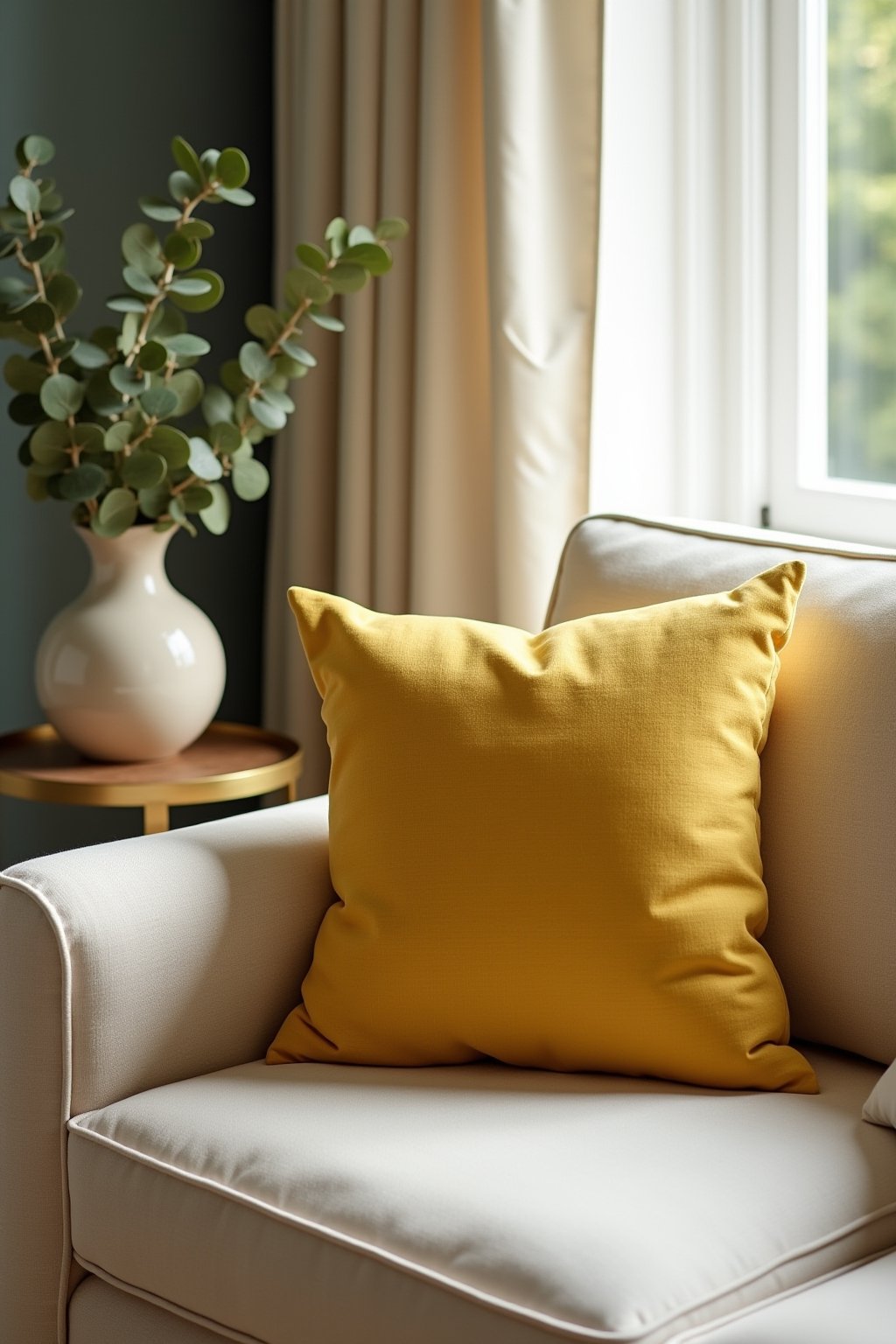 Close-up detail of butter yellow throw pillows on a cream linen sofa