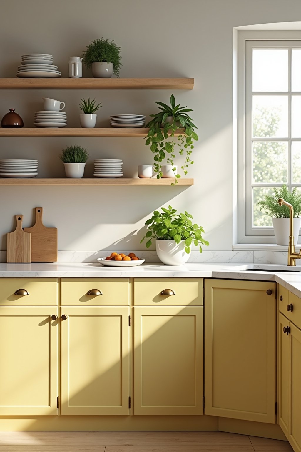 A butter yellow kitchen with painted lower cabinets